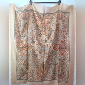 Echo Vintage Pure Wool Beige Paisley Fringe Hem Square Scarf 52"X46"